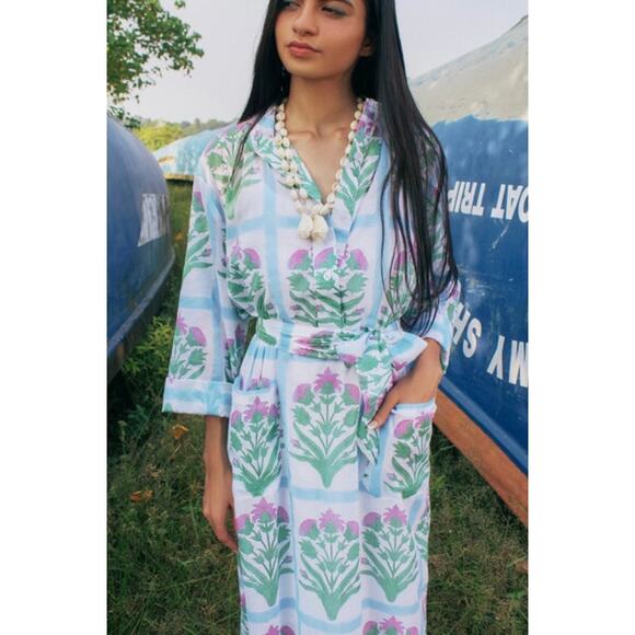SZ Prints Dresses & Skirts - SZ Prints Lucca Bluebell Blockprint Belted Long Sleeve Dress Size Large NWT